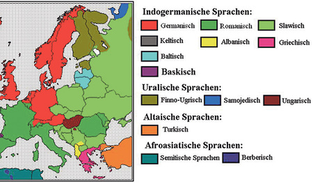 Der Ausschnitt dieser Europakarte zeigt dir, wo welche Sprachstämme ihren Ursprung haben. 