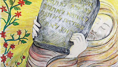 Moses mit den Gesetzestafeln - die zehn Gebote (ein Bild der Künstlerin Dvora Barzilai). Die Worte Gottes sind eine Anfrage an uns.