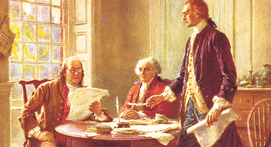 Thomas Jefferson (1743-1826), Benjamin Franklin (1706-90) und John Adams (1735-1826) beim Verfassen und Redigieren der US-amerikanischen Unabhängigkeitserklärung im Jahr 1776. / APA-Images / Bridgeman Art Library / www.bridgemanimages.com Thomas Jefferson (1743-1826), Benjamin Franklin (1706-90) und John Adams (1735-1826) beim Verfassen und Redigieren der US-amerikanischen Unabhängigkeitserklärung im Jahr 1776.