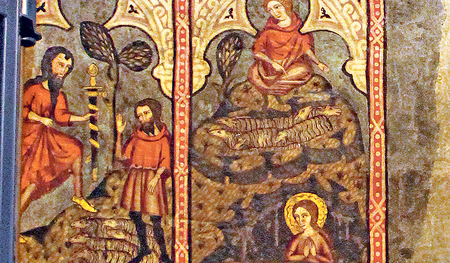 Barbara versteckt sich vor ihrem Vater (links) in der Höhle (rechts unten), doch ein Hirte verrät sie (rechts oben): Alte Kathedrale in Salamanca.  