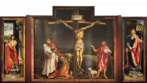 Johannes verweist mit dem langen Finger auf den Gekreuzigten. / Arnoldius Johannes verweist mit dem langen Finger auf den Gekreuzigten.