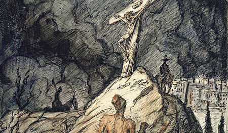 ALFRED KUBIN, Golgotha, um 1920, sign., Aquarell, Tusche auf Katasterpapier, 39,2 × 31,2 cm, Inv.-Nr.: Ha II 13.179, OÖ Landesmuseum / Eberhard Spangenberg, München / Bildrecht Wien 2020