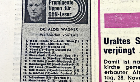 Der Wettschein von Weihbischof Wagner: Drei Tipps in der ersten und sechs Tipps in der zweiten Reihe waren laut Internet-Recherche der KiZ richtig. Auffallend: Die Clubs kamen noch ohne Sponsor-Namen aus.   