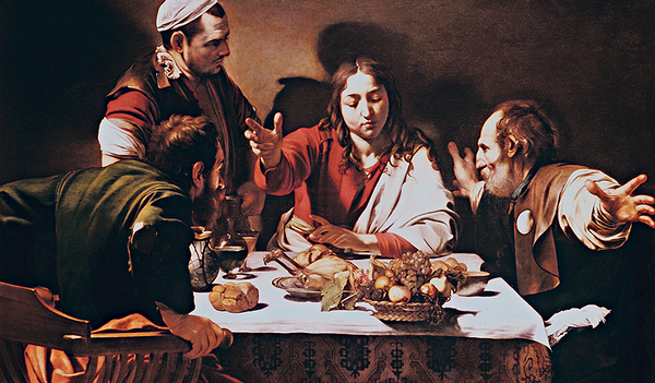 Abschied und Nähe: Der Auferstandene gibt sich zu Tisch in Emmaus zwei seiner Jünger zu erkennen. Kurz danach verschwindet er vor ihren Augen. („Das Abendmahl in Emmaus“, Gemälde von Michelangelo Merisi da Caravaggio, 1601, National Gallery in London