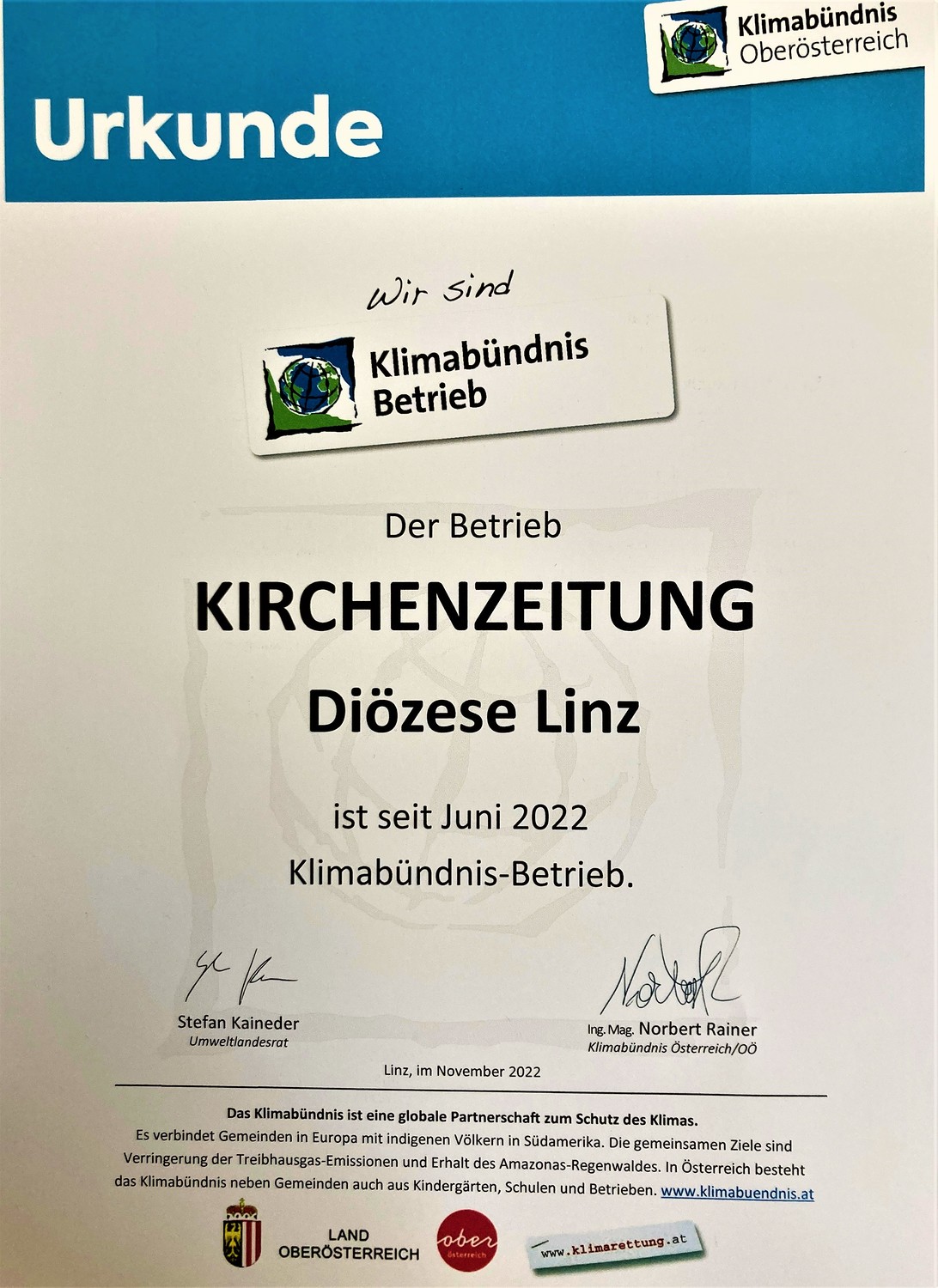 Urkunde Klimabündnis