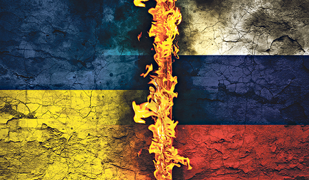Seit zwei Jahren führt Russland (Flagge rechts) einen Angriffskrieg gegen die Ukraine (Flagge links). Ein Ende ist derzeit nicht in Sicht.    Michael Bihlmayer/ChromOrange/picturedesk.com