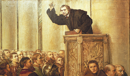So zu predigen, dass es bei den Zuhörerinnen und Zuhörern ankommt, ist laut Andreas Malessa „eine enorme Leistung“. Rechtes Bild: „Luther predigt von der Kanzel“, Gemälde um 1800 von Willem Linning d. J. (1842–1890).  