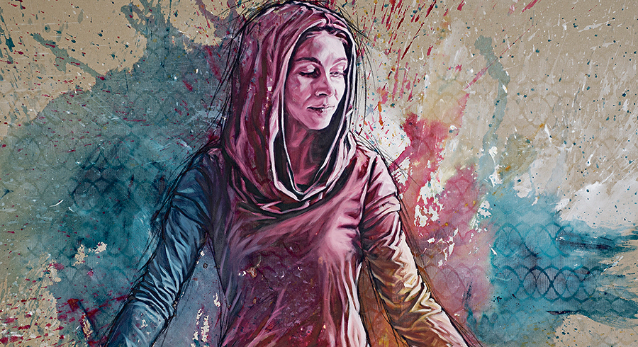 „Die Gabe“ aus der Serie „Sie“ von Evelyn Kreinecker (Acryl, Lack, Kohle, Öl auf Leinwand, 130 × 160 cm). / A. Groisböck, Maria Nalbantova „Die Gabe“ aus der Serie „Sie“ von Evelyn Kreinecker (Acryl, Lack, Kohle, Öl auf Leinwand, 130 × 160 cm).